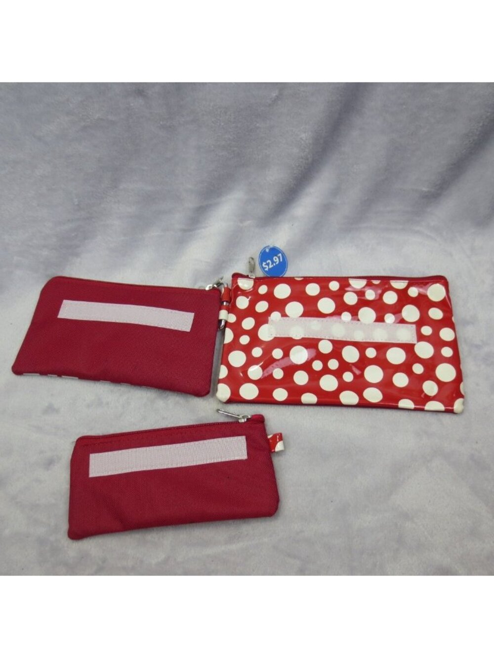 Set of 3 Zippered Vinyl & Canvas Cosmetic Makeup Bags Red & White Polka Dots NWT